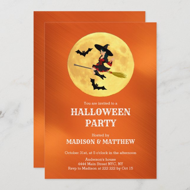 Convites Lua Com Bruxa E Morcegos (Frente/Verso)