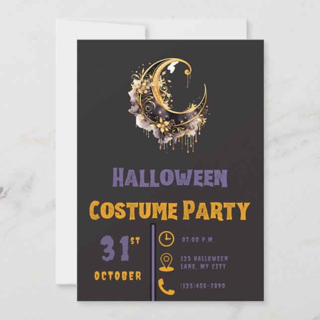 Convites Lua Crescente Preta e Dourada Halloween Moderno Pr (Frente)