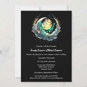 Convites Lua de cheio Celestial verde-preto brilhando céu n