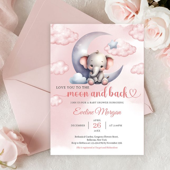 Convites Lua de elefante bonita e Chá de fraldas de menina  (Editable PDF Love to the Moon and Back Elephant Girl Baby Shower Invitation Printable Template)
