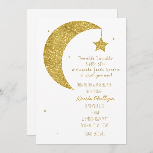 Convites Lua Dourada e branca e estrelas Conversas de Bebê (Frente/Verso)