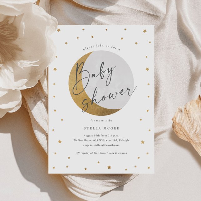 Convites Lua Dourada e Estrelas Chá de fraldas neutro por g (Gold Moon and Stars Script Gender Neutral Baby Shower Invitations.)