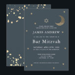 Convites Lua Dourada e estrelas Marinho Bar azul Mitzvah<br><div class="desc">Este simples e chico convite para o Bar Mitzvah apresenta um fundo azul/azul-marinho da meia-noite com a estrela de david, a falso lua do crescente brilho dourado e estrelas. O verso apresenta um fundo azul da meia-noite / azul marinho com lâminas de folha de ouro falsas. Personalize-o para as suas...</div>