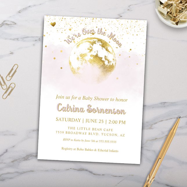 Convites Lua Dourada rosa e estrelas Chá de fraldas celesti (Pink and Gold Over the Moon Baby Shower Invitation for Baby Girl Celestial Baby Shower)
