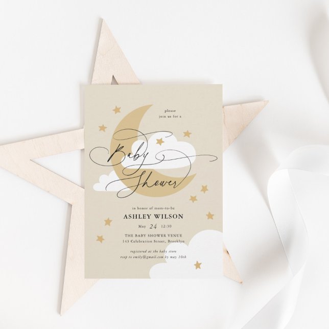 Convites Lua e Estrelas Beige Elegante Chá de fraldas de Sc (Criador carregado)