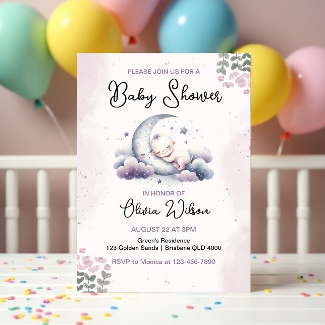Convites Lua e estrelas Chá de fraldas para dormir (Moon & Stars Cute Sleeping Baby Shower Invitation )