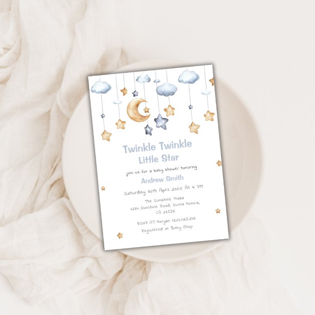 Convites Lua e estrelas em branco Chá de fraldas de brilho (Cute Moon & Stars Twinkle Twinkle Baby Shower Invitation)