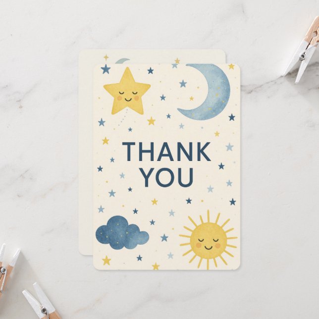 Convites Lua, Estrelas e Chá de fraldas Celestial Sun Obrig (Frente/Verso In Situ)