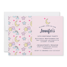 Lua, Estrelas e Nuvens Padrão no Aniversário Rosa