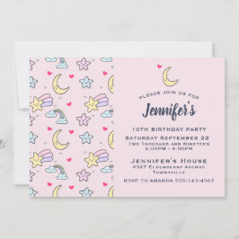 Convites Lua, Estrelas e Nuvens Padrão no Aniversário Rosa