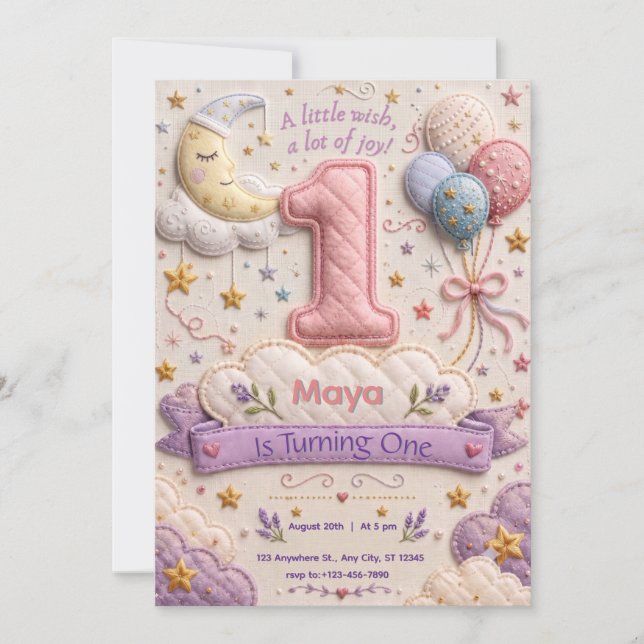Convites Lua Estrelas Nuvem Menina 1º Aniversário (Frente)