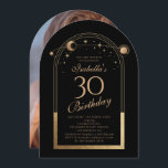 Convites Lua Negra Celestial Dourada Estrelas aniversário d<br><div class="desc">A Astronomia da Lua Negra Celestial, Astronomia da Lua Negra, Foto de aniversário de 30 anos, apresenta um elegante sol dourado, lua e estrelas com um quadro de ouro sobre fundo negro. Dentro é a sua informação de convite de 30 anos. Ao contrário, adicione sua foto favorita. Projetado para você...</div>