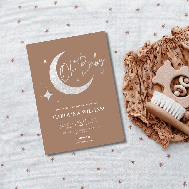 Convites Lua reluzente de prata e estrelas oh chá de fralda (Criador carregado)