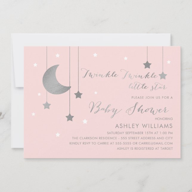 Convites Lua rosa e prata e Chá de fraldas de estrelas (Frente)