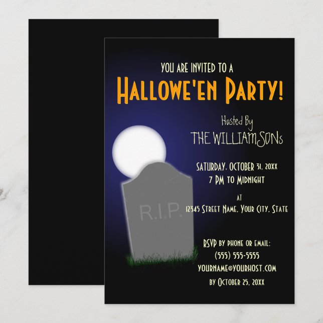 Convites Lua sinistra de Halloween e lápide (Frente/Verso)