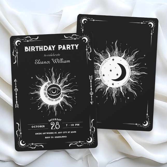 Convites lua sol tarot celeste aniversário preto branco (Criador carregado)