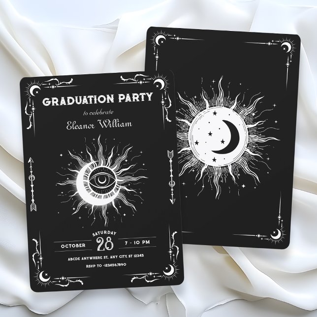 Convites lua sol tarot celeste graduação preto branco (Criador carregado)