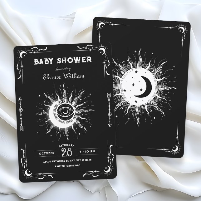Convites Lua sol tarot celestial chá de bebê preto e branco (Criador carregado)