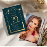 Convites Lua Verde Celestial Dourada Stars aniversário de 3<br><div class="desc">A Astronomia da Lua Solar Dourada Celestial Astronomy aniversário de 30 anos Photo Invtions apresenta um elegante sol dourado, lua e estrelas com um quadro de ouro sobre um fundo verde-floresta. Dentro é a sua informação de convite de 30 anos. Ao contrário, adicione sua foto favorita. Projetado para você pelo...</div>