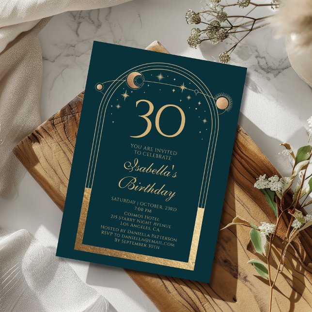 Convites Lua Verde Celestial Dourada Stars aniversário de 3 (Criador carregado)