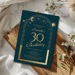Convites Lua Verde Celestial Dourada Stars aniversário de 3<br><div class="desc">A Celestial Green Sun Moon Astronomy aniversário de 30 anos Invances apresenta um elegante sol dourado,  lua e estrelas com ouro sobre fundo verde-floresta. Dentro é a sua informação de convite de 30 anos. Personalize editando o texto nas caixas de texto. Projetado para você pelo Evco Studio www.zazzle.com/store/evcostudio</div>