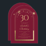 Convites Lua Vermelha Celestial Dourada Sol Estrelas aniver<br><div class="desc">A Celestial Red Dourada Sun Moon Astronomy aniversário de 30 anos Invices apresenta um elegante sol dourado, lua e estrelas com um quadro de ouro sobre fundo vermelho. Dentro é a sua informação de convite de 30 anos. Personalize editando o texto nas caixas de texto. Projetado para você pelo Evco...</div>