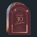 Convites Lua Vermelha Celestial Dourada Sol Estrelas aniver<br><div class="desc">A Celestial Red Dourada Sun Moon Astronomy aniversário de 30 anos Photo Invices apresenta um elegante sol dourado, lua e estrelas com um quadro de ouro sobre um fundo cor-de-rosa profundo. Dentro é a sua informação de convite de 30 anos. Ao contrário, adicione sua foto favorita. Projetado para você pelo...</div>