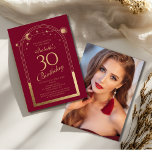 Convites Lua Vermelha Celestial Dourada Sol Estrelas aniver<br><div class="desc">A Celestial Red Dourada Sun Moon Astronomy aniversário de 30 anos Photo Invices apresenta um elegante sol dourado, lua e estrelas com um quadro de ouro sobre um fundo vermelho. Dentro é a sua informação de convite de 30 anos. Ao contrário, adicione sua foto favorita. Projetado para você pelo Evco...</div>