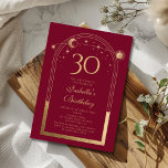 Convites Lua Vermelha Celestial Dourada Sol Estrelas aniver<br><div class="desc">A Celestial Red Dourada Sun Moon Astronomy aniversário de 30 anos Invices apresenta um elegante sol dourado, lua e estrelas com um quadro de ouro sobre fundo vermelho. Dentro é a sua informação de convite de 30 anos. Personalize editando o texto nas caixas de texto. Projetado para você pelo Evco...</div>