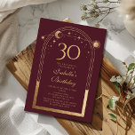 Convites Lua Vermelha Celestial Dourada Sol Estrelas aniver<br><div class="desc">A Celestial Red Dourada Sun Moon Astronomy aniversário de 30 anos Invirs apresenta um elegante sol dourado, lua e estrelas com um quadro de ouro sobre um fundo cor-de-rosa profundo. Dentro é a sua informação de convite de 30 anos. Personalize editando o texto nas caixas de texto. Projetado para você...</div>