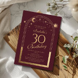 Convites Lua Vermelha Celestial Dourada Sol Estrelas aniver<br><div class="desc">A Celestial Red Dourada Sun Moon Astronomy aniversário de 30 anos Invirs apresenta um elegante sol dourado, lua e estrelas com um quadro de ouro sobre um fundo cor-de-rosa profundo. Dentro é a sua informação de convite de 30 anos. Personalize editando o texto nas caixas de texto. Projetado para você...</div>