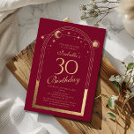 Convites Lua Vermelha Celestial Dourada Sol Estrelas aniver<br><div class="desc">A Celestial Red Dourada Sun Moon Astronomy aniversário de 30 anos Invices apresenta um elegante sol dourado, lua e estrelas com um quadro de ouro sobre fundo vermelho. Dentro é a sua informação de convite de 30 anos. Personalize editando o texto nas caixas de texto. Projetado para você pelo Evco...</div>