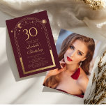 Convites Lua Vermelha Celestial Dourada Sol Estrelas aniver<br><div class="desc">A Celestial Red Dourada Sun Moon Astronomy aniversário de 30 anos Photo Invices apresenta um elegante sol dourado, lua e estrelas com um quadro de ouro sobre um fundo cor-de-rosa profundo. Dentro é a sua informação de convite de 30 anos. Ao contrário, adicione sua foto favorita. Projetado para você pelo...</div>