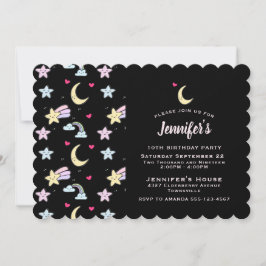 Convites Lua Whimsical, Estrelas e Nuvens em Negra