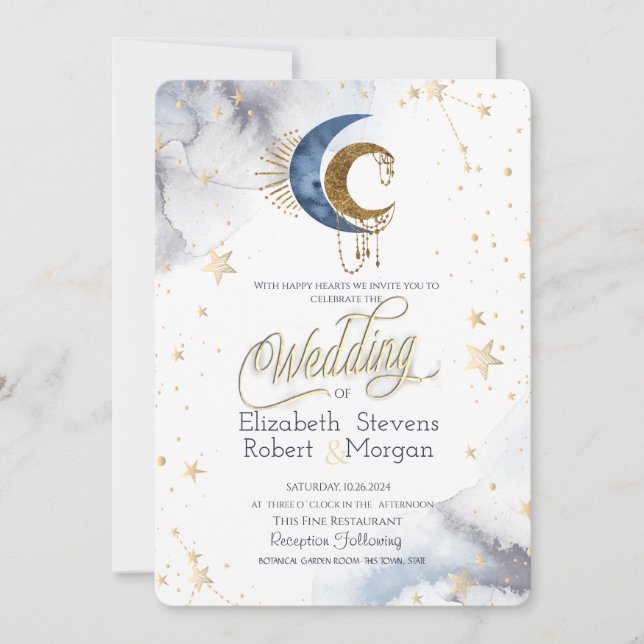 Convites Luares Celestiais, Estrelas Casamento Chic (Frente)
