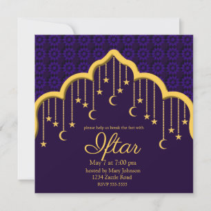 Convites Luas e Estrelas do Crescente Dourado Ramadã, roxo
