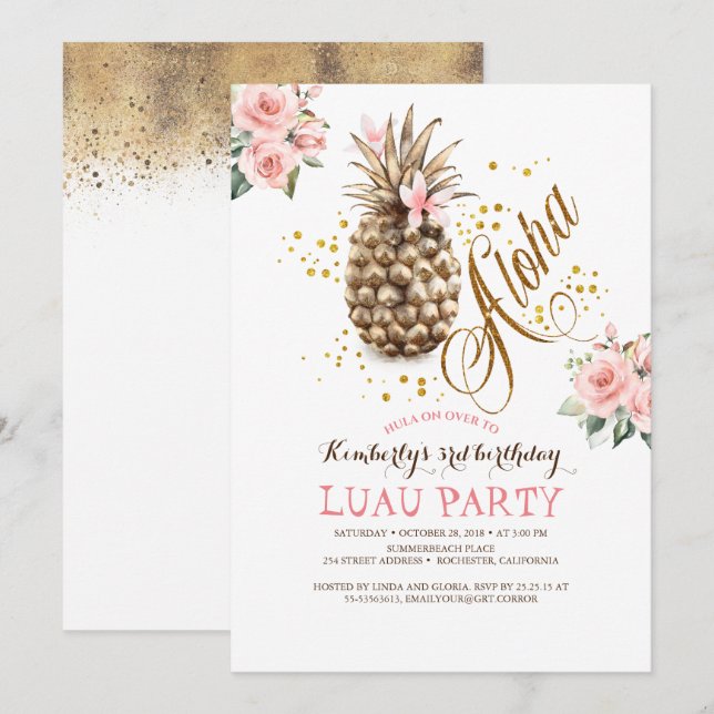 Convites Luau Azul, Luau, cor-de-rosa Dourado tropical (Frente/Verso)