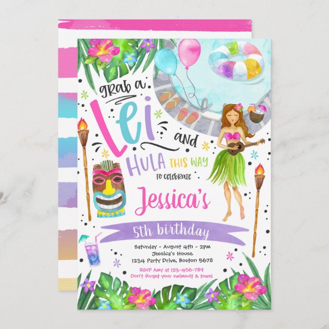 Convites Luau Festa de aniversário Partido Piscina do Abaca (Frente/Verso)