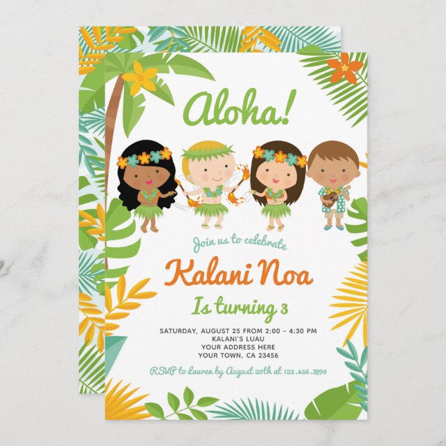 Convites Luau Hawaiian Birthday (Frente/Verso)