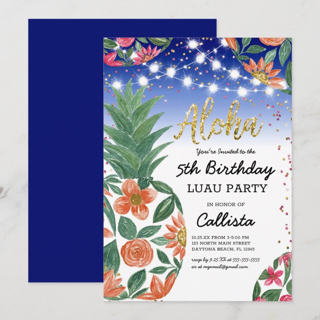 Convites Luau Tropical Abacaxi Luz Brilhante Aniversário (Frente/Verso)