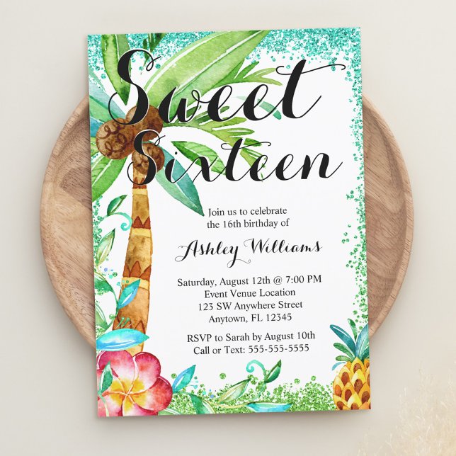 Convites Luau Tropical Watercolor Faux Glitter Sweet 16 (Criador carregado)