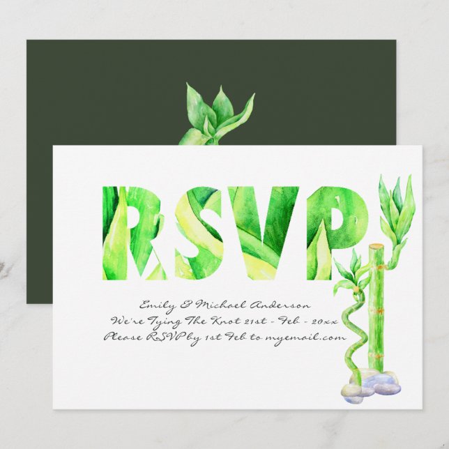 Convites Lucky Bamboo Weding RSVP Verde Branco Fresco (Frente/Verso)