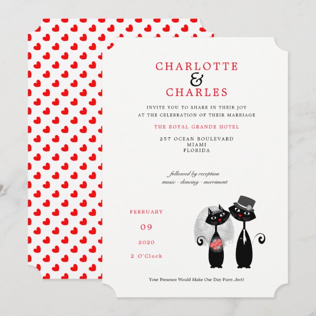 Convites Lucky Black Cats Bride | Groom Purrr.fect Wedding (Frente/Verso)