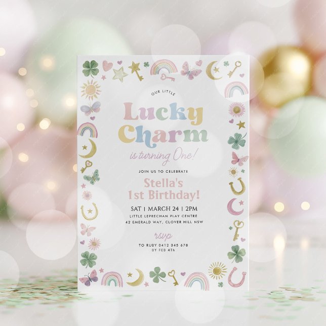 Convites Lucky Charm 1st Birthday St Patricks Day Rainbow (Lucky Charm! St Patrick's Day 1st birthday invitation in pastel colours. )