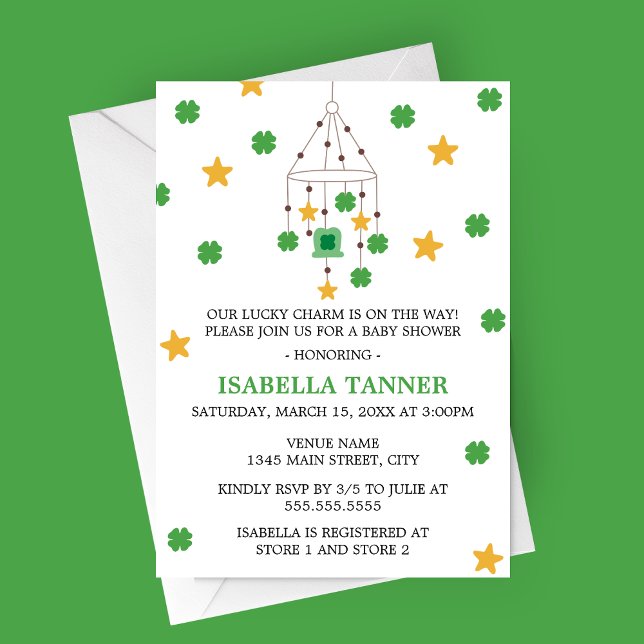 Convites Lucky Charm Shamrock and Star Mobile Baby Shower (Lucky Charm Shamrock and Stars Baby Mobile Baby Shower Invitation for St. Patrick's Day)