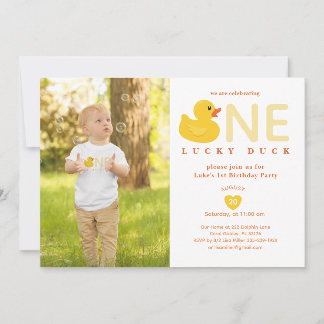 Convites Lucky Duck First Birthday Photo Invitation (Frente)