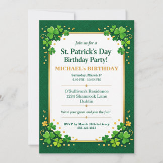 Convites Lucky Green Gold Festive Shamrock Clover Birthday 