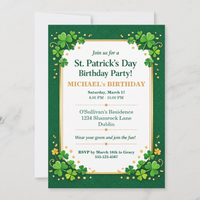 Convites Lucky Green Gold Festive Shamrock Clover Birthday  (Frente)