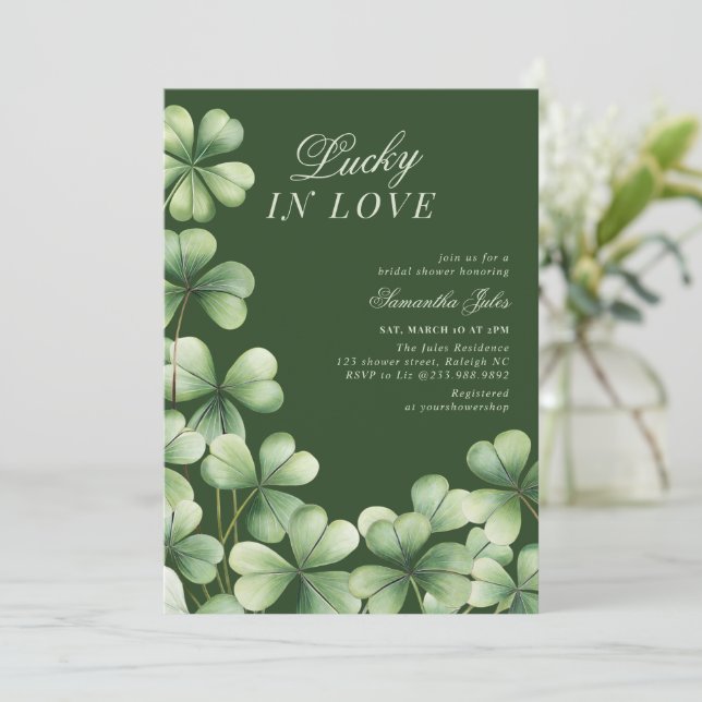 Convites Lucky in Love Bridal Shower Green Shamrock  (Em pé/Frente)