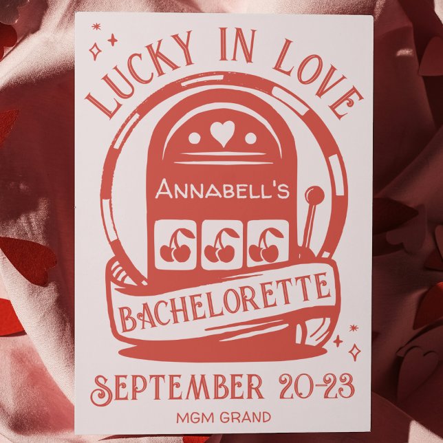 Convites Lucky in Love Casino Hand Desenhou a Bachelorette  (lucky in love Vegas bachelorette party invitation hand drawn quirky fun slot machine weekend invite)